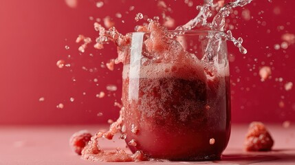 A vibrant glass of raspberry juice splashes dramatically against a red backdrop, capturing the essence of freshness and energy in this visually stunning image.
