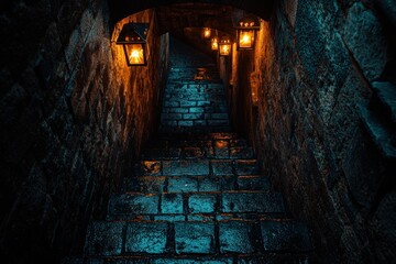 Ancient stone stairway, lit by lanterns