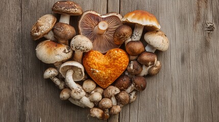Fototapeta premium Heart-shaped mushroom arrangement on wooden surface for rustic kitchen decor