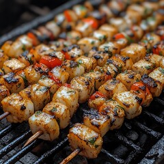 Grilled seafood skewers on barbecue