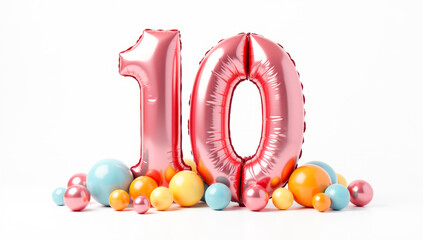Colorful inflatable figure 10 with colorful balloons on a white background, decorations