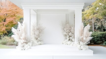 Fototapeta premium Elegant white outdoor ceremony space with pampas grass and floral arrangements