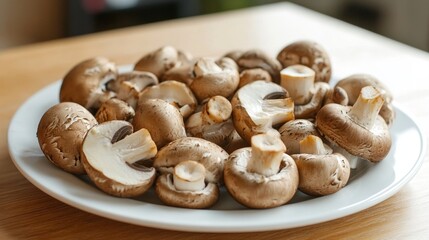 Fresh brown mushrooms on white plate in kitchen setting