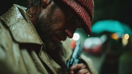 A close-up shot captures a drenched man gripping his gun firmly in the rain, evoking deep emotions associated with tension, fear, and uncertainty in an urban narrative style.
