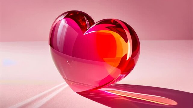 A translucent, pink-orange glass heart casts a shadow on a soft pink surface
