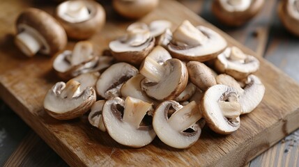 Sliced fresh mushrooms on wooden cutting board for cooking and meal preparation