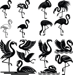 Naklejka premium Standing Flamingo Vector | Exotic Bird Silhouette Design Flamingo Silhouette Set | Elegant Tropical Bird Vector