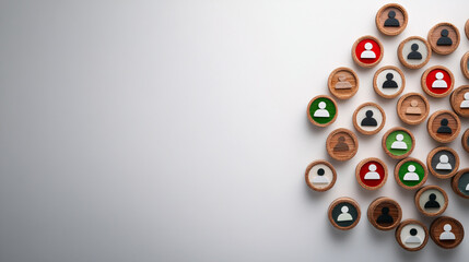 cluster of wooden discs with colorful user icons is arranged on white background, symbolizing social networking and community connections. vibrant colors add dynamic feel
