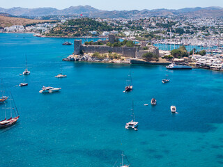 Obraz premium Bodrum Castle nd City Drone Photo, Bodrum Beach and Marina, Bodrum Mugla, Turkiye (Turkey)