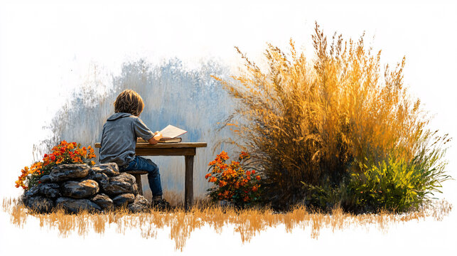 child sits at garden table, focused on homework amidst vibrant flowers and tall grasses, creating serene learning environment