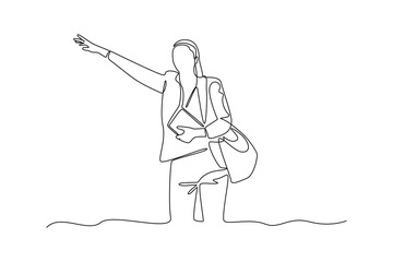 Single continuous line drawing of businesswoman is stopping public transport. work minimalist concept. Back home after work illustration.