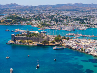 Bodrum Castle nd City Drone Photo, Bodrum Beach and Marina, Bodrum Mugla, Turkiye (Turkey)