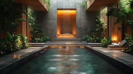 Stylish spa resort with modern water feature high resolution picture
