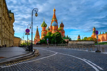 Saint Basil's Cathedral and Red Square in Moscow, Russia. Architecture and landmarks of Moscow. Sunrise cityscape of Moscow