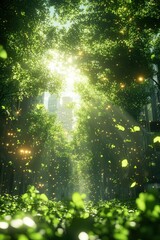 Sunlit City Park with Green Canopy.