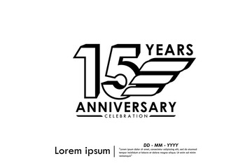15th years anniversary celebration emblem. black anniversary logo isolated with ribbons on white background. vector illustration template design for web, flyers, poster, invitation and greeting card
