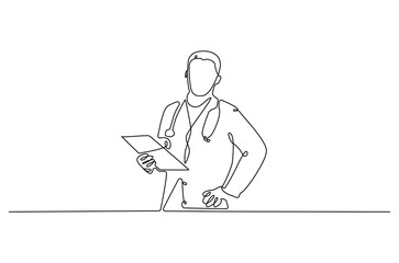 Continuous one line drawing of young man Doctor. Single line drawing illustration of Doctor healthy program. Medical innovation concept vector art. Doodle line illustration.