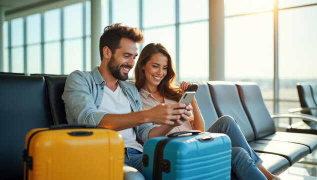 A happy couple, a man and a woman, are sitting at the airport looking at their phones , with their travel suitcases next to them