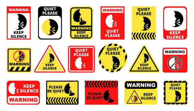 Set of keep silence attention signs on a white background