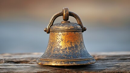 Antique brass bell resting on weathered wood