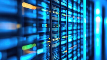 Bright neon blue server racks in a futuristic data center emit colorful light patterns, perfect for technology ads, cloud hosting visuals, and IT infrastructure campaigns