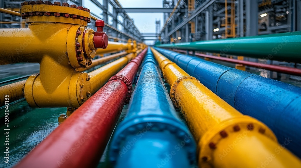 Poster A network of colorful pipelines arranged in parallel demonstrates the intricate infrastructure used in petroleum processing, highlighting essential elements for efficient operation.