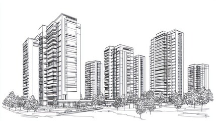 Fototapeta premium Architectural sketch of city skyscrapers, urban design, urban planning, illustration, use for real estate, architecture, design, background