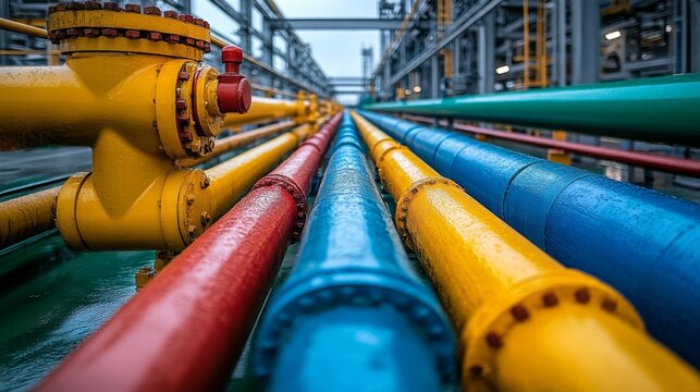 A network of colorful pipelines arranged in parallel demonstrates the intricate infrastructure used in petroleum processing, highlighting essential elements for efficient operation.
