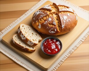Irish soda bread, cracked top, served in slices on cotton runner with jam Generative AI