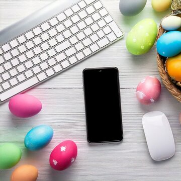 Business work desk with computer phone keyboard and happy easter holiday multicolored eggs background on decorated white wooden table modern spring decoration workplace devices, top view from above