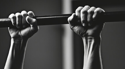 Strong hands gripping pull up bar, showcasing veins and tension, embodying determination and strength