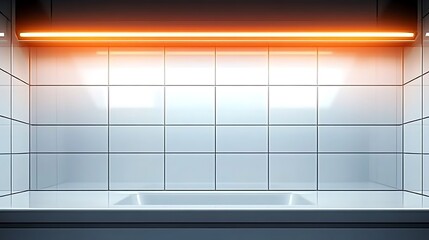 A contemporary bathroom interior with tiled walls and bright lighting