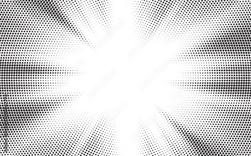 Poster Halftone gradient sun rays pattern. abstract halftone vector dots background. monochrome dots pattern. pop art, comic small dots. star rays halftone poster. shine, explosion. sunrise rays background. 