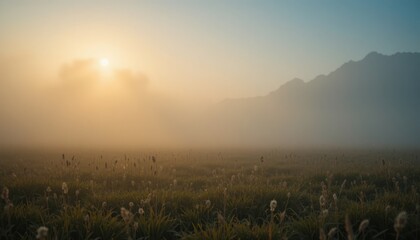 Misty sunrise over a serene landscape tranquil meadow nature photography early morning light panoramic view peaceful atmosphere