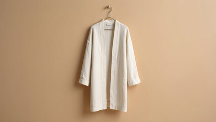 Elegant white kimono hanging on beige wall for design and fashion concept. Design mockup
