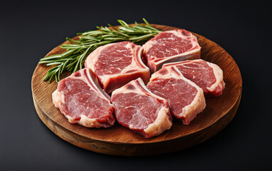 Fototapeta premium Fresh lamb chops arranged on wooden plate, garnished with aromatic rosemary. vibrant red meat contrasts beautifully with natural wood, creating inviting presentation for culinary enthusiasts