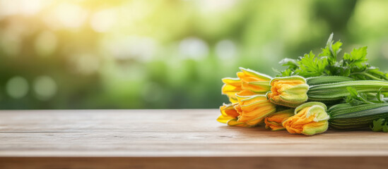 Fresh zucchini flowers on wooden kitchen table, surrounded by greenery, evoke sense of natural beauty and culinary delight. Perfect for cooking or garnishing dishes