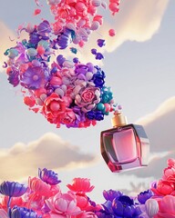 Vibrant floral explosion surrounding a luxurious perfume bottle against a serene sky backdrop