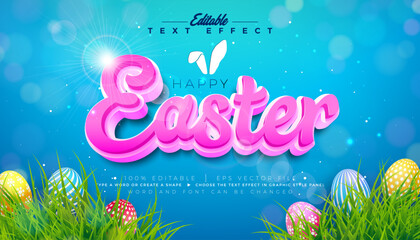 Happy Easter 3D Text Effect Design. Editable and Scalable Vector Graphic Style Effect with Colorful Painted Egg and Typography Lettering Blue Background. Spring Religious Holiday Illustration Template