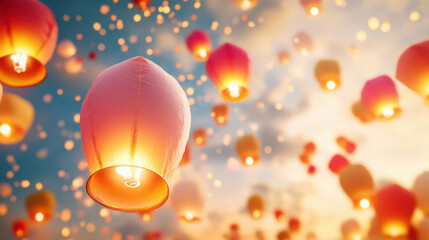 Obraz premium Floating lanterns illuminate night sky, creating magical atmosphere filled with warmth and wonder. This enchanting scene captures beauty of celebration and hope