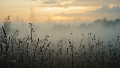 Serene sunrise over misty grasslands nature landscape photography tranquil environment wide angle view capturing early morning beauty