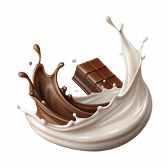 realistic 3d liquid chocolate and milk splash in wave style Isolated white background