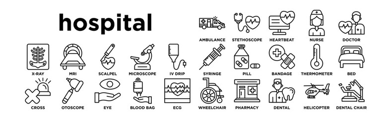 hospital icon set. Editable Stroke Icon Collection. Ambulance, Stethoscope, Heartbeat, Nurse, Doctor