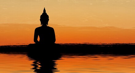 Silhouette of a Buddha statue meditating peacefully at a serene orange sunset