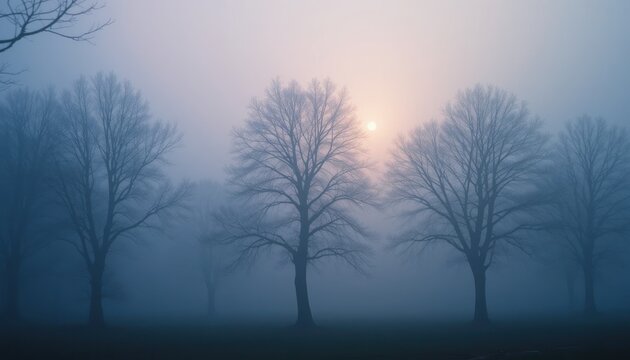 Misty sunrise overleaf trees serene nature landscape tranquil environment atmospheric viewpoint calm concept for peaceful reflection