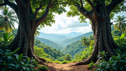 Wild tropical jungle, trunks of old giant trees forming a kind of natural arch with a view of the mountainous terrain covered with tropical forest. Beautiful summer landscape, view from a height.