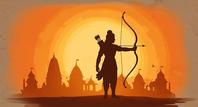 Silhouette of archer over temple background, illustration of cultural celebration