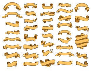 collection of vintage-style hand-drawn banners and ribbons in various shapes and styles, scroll-like patterns