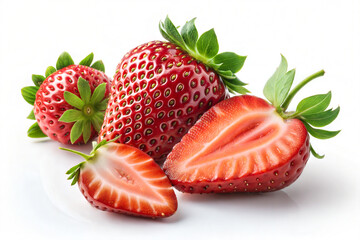 strawberry isolated on white background. Close-up studio shot of fresh, ripe strawberries, whole and halved, with vibrant red color and visible green leaves.