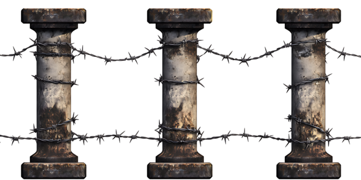 Three Weathered Columns Wrapped With Barbed Wire Against  on transparent background , png , cutout
